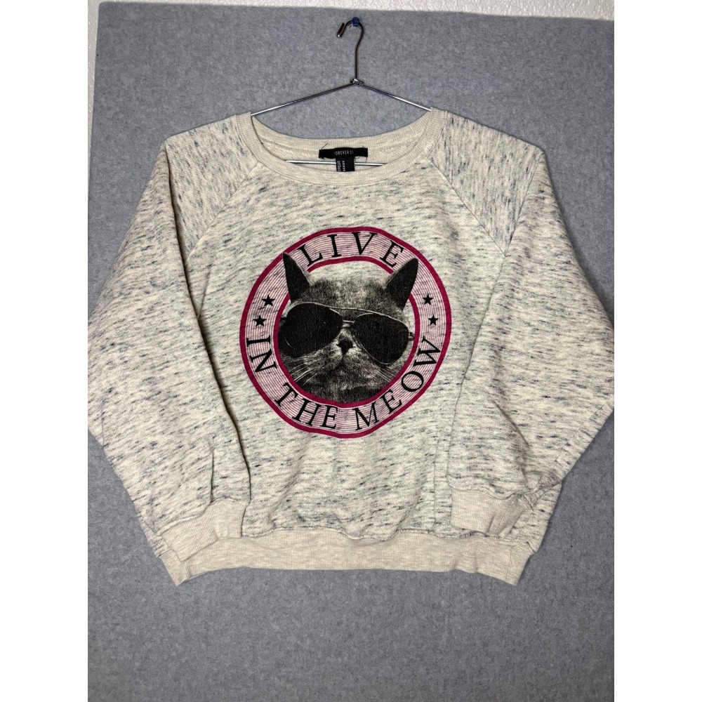 Forever 21 Live In The Meow Cat Graphic Sweatshirt Gray Heathered Pullover Large